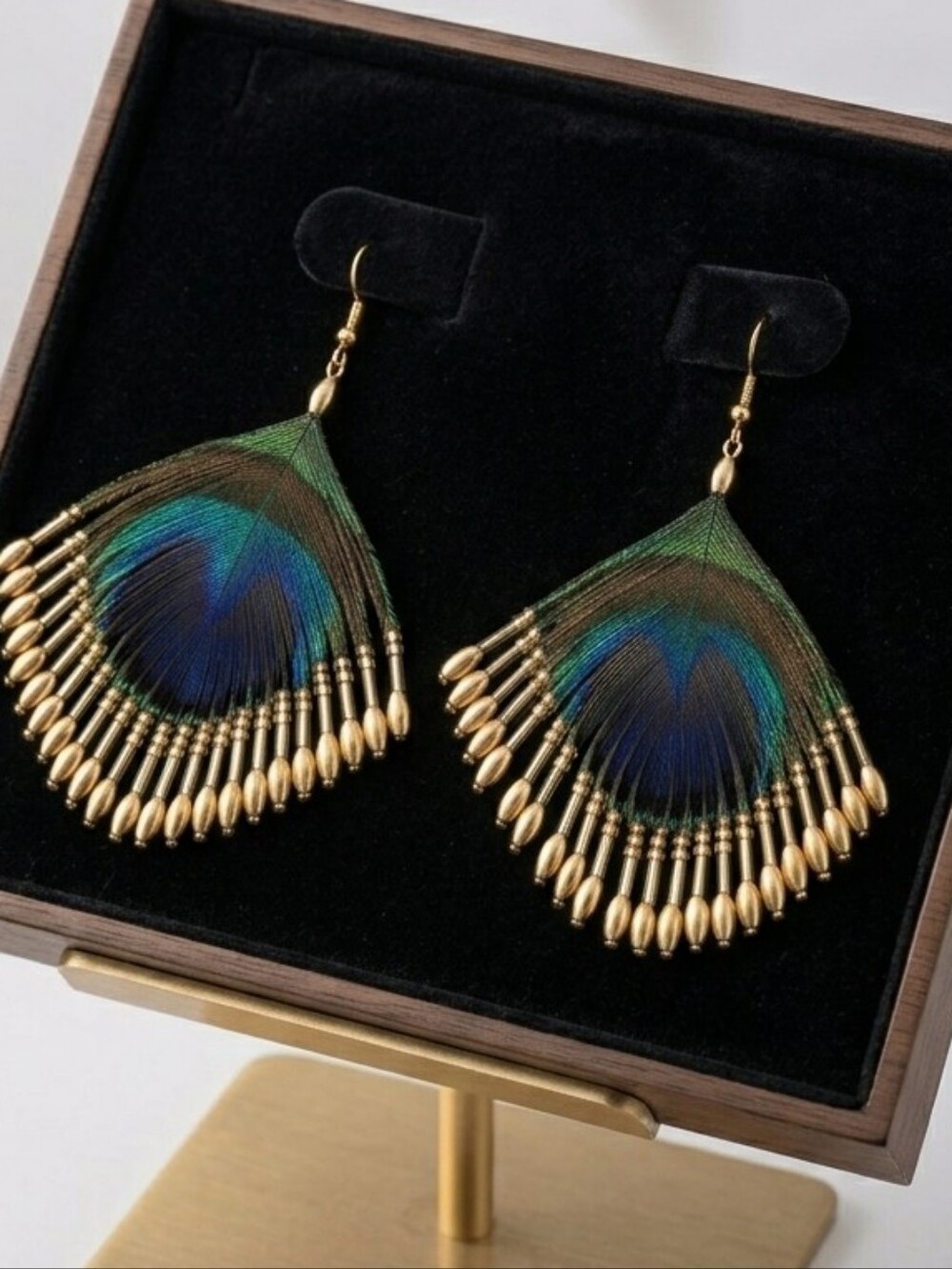 Peacock Feather Drop Earrings with Gold Bead Fringe NWT